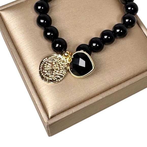 New Natural Black Onyx Beaded Stretch Bracelet Heart Coin Charm 18K Gold Plated - Picture 3 of 7